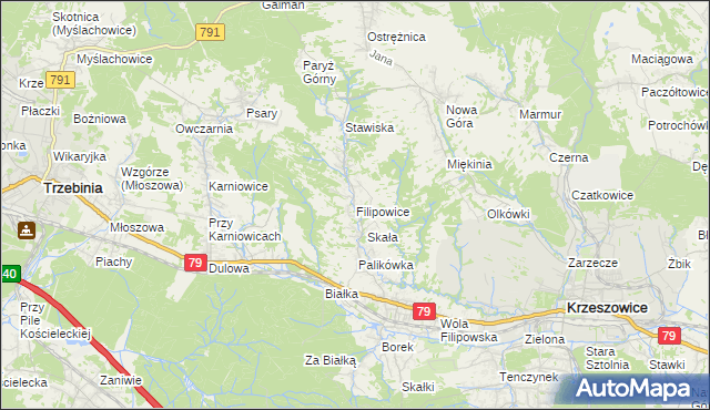 mapa Filipowice gmina Krzeszowice, Filipowice gmina Krzeszowice na mapie Targeo