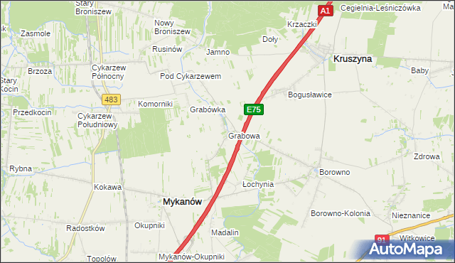 mapa Grabowa gmina Mykanów, Grabowa gmina Mykanów na mapie Targeo