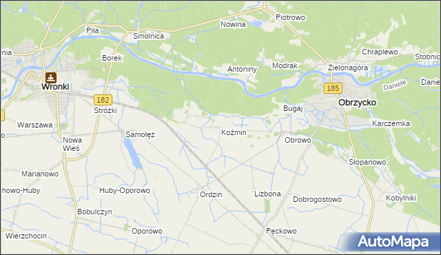 mapa Koźmin gmina Obrzycko, Koźmin gmina Obrzycko na mapie Targeo