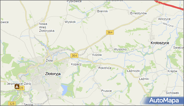 mapa Kozów gmina Złotoryja, Kozów gmina Złotoryja na mapie Targeo