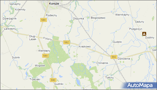 mapa Kraskowo gmina Korsze, Kraskowo gmina Korsze na mapie Targeo