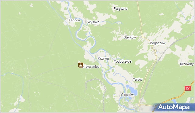 mapa Krzywa gmina Nowogród Bobrzański, Krzywa gmina Nowogród Bobrzański na mapie Targeo