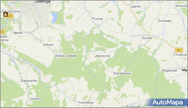 mapa Leszczyna gmina Złotoryja, Leszczyna gmina Złotoryja na mapie Targeo