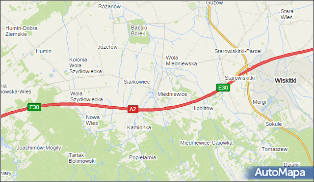 mapa Miedniewice gmina Wiskitki, Miedniewice gmina Wiskitki na mapie Targeo