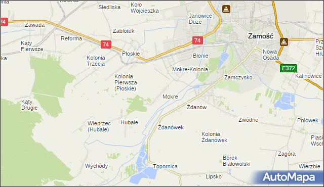 mapa Mokre gmina Zamość, Mokre gmina Zamość na mapie Targeo