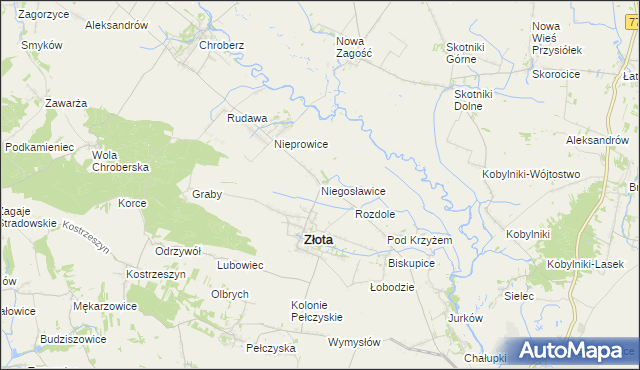 mapa Niegosławice gmina Złota, Niegosławice gmina Złota na mapie Targeo