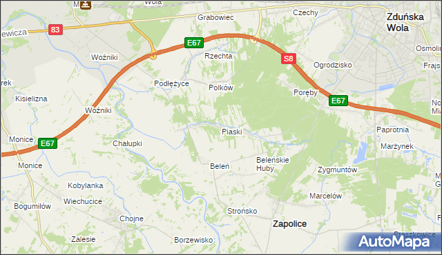 mapa Piaski gmina Zduńska Wola, Piaski gmina Zduńska Wola na mapie Targeo