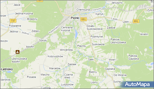 mapa Płachty gmina Pionki, Płachty gmina Pionki na mapie Targeo