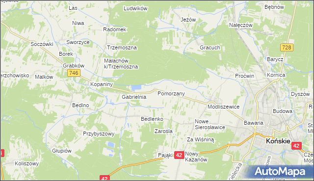 mapa Pomorzany gmina Końskie, Pomorzany gmina Końskie na mapie Targeo