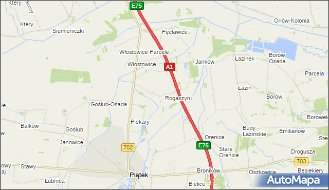 mapa Rogaszyn gmina Piątek, Rogaszyn gmina Piątek na mapie Targeo