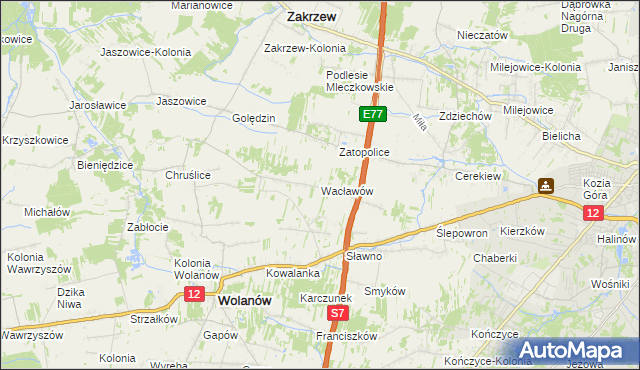 mapa Wacławów gmina Wolanów, Wacławów gmina Wolanów na mapie Targeo