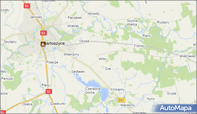 mapa Witki gmina Bartoszyce, Witki gmina Bartoszyce na mapie Targeo