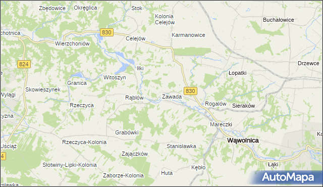 mapa Zawada gmina Wąwolnica, Zawada gmina Wąwolnica na mapie Targeo