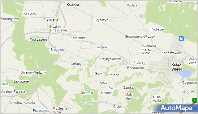 mapa Przybysławice gmina Kozłów, Przybysławice gmina Kozłów na mapie Targeo