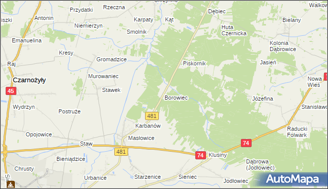 mapa Borowiec gmina Wieluń, Borowiec gmina Wieluń na mapie Targeo