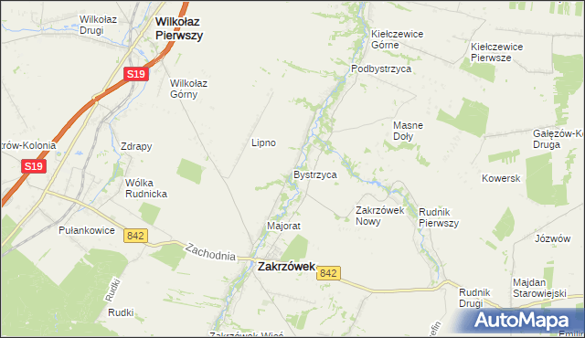mapa Bystrzyca gmina Zakrzówek, Bystrzyca gmina Zakrzówek na mapie Targeo
