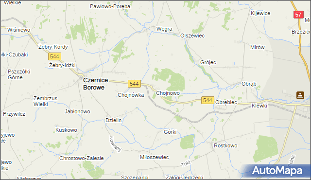 mapa Chojnowo gmina Czernice Borowe, Chojnowo gmina Czernice Borowe na mapie Targeo