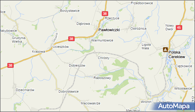 mapa Chrósty gmina Pawłowiczki, Chrósty gmina Pawłowiczki na mapie Targeo