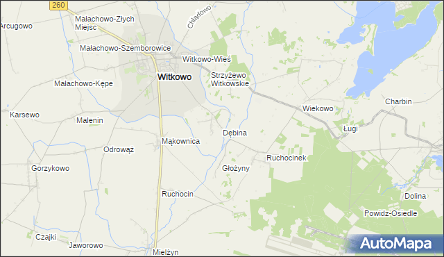 mapa Dębina gmina Witkowo, Dębina gmina Witkowo na mapie Targeo
