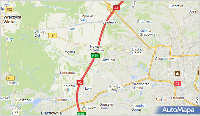 mapa Gorzelnia gmina Blachownia, Gorzelnia gmina Blachownia na mapie Targeo