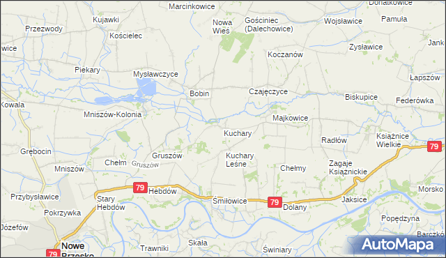 mapa Kuchary gmina Nowe Brzesko, Kuchary gmina Nowe Brzesko na mapie Targeo