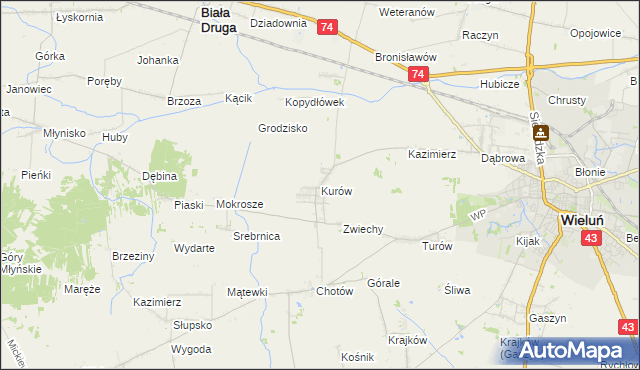 mapa Kurów gmina Wieluń, Kurów gmina Wieluń na mapie Targeo
