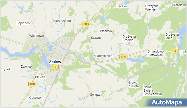 mapa Międzybłocie gmina Złotów, Międzybłocie gmina Złotów na mapie Targeo