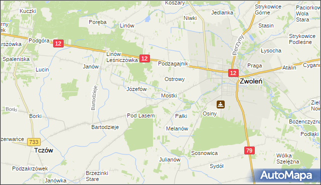 mapa Mostki gmina Zwoleń, Mostki gmina Zwoleń na mapie Targeo