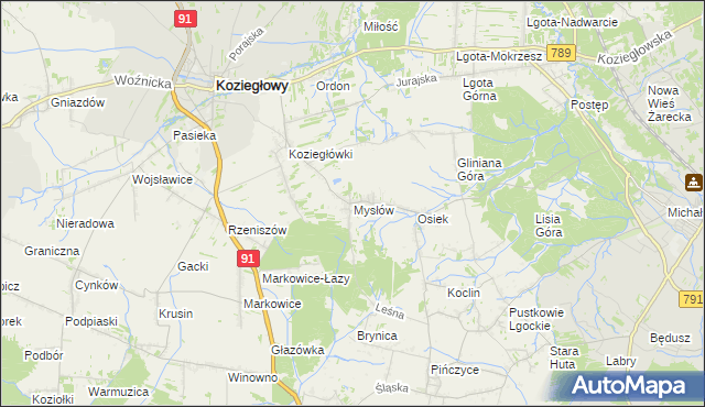 mapa Mysłów gmina Koziegłowy, Mysłów gmina Koziegłowy na mapie Targeo