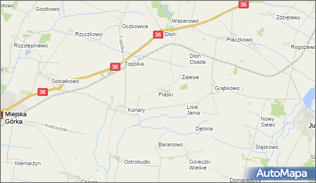 mapa Piaski gmina Miejska Górka, Piaski gmina Miejska Górka na mapie Targeo
