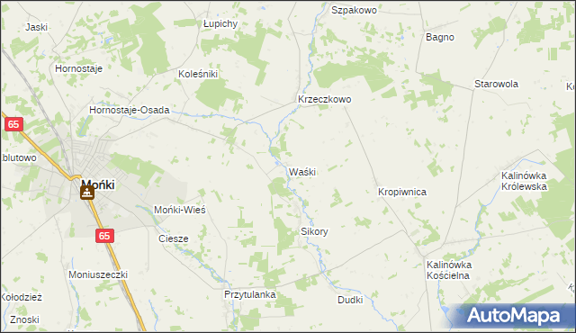 mapa Waśki gmina Mońki, Waśki gmina Mońki na mapie Targeo