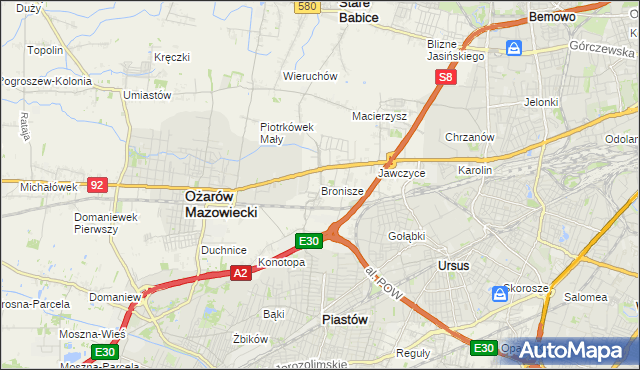 mapa Bronisze gmina Ożarów Mazowiecki, Bronisze gmina Ożarów Mazowiecki na mapie Targeo