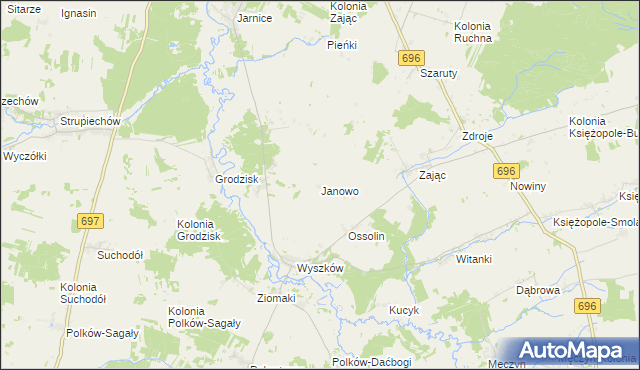 mapa Janowo gmina Liw, Janowo gmina Liw na mapie Targeo