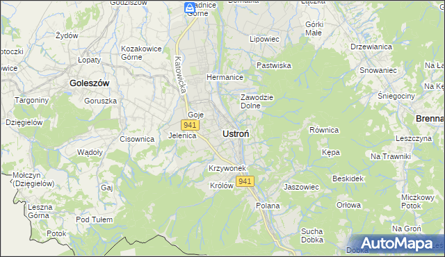 mapa Ustroń powiat cieszyński, Ustroń powiat cieszyński na mapie Targeo