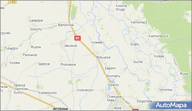 mapa Biskupice gmina Sieradz, Biskupice gmina Sieradz na mapie Targeo