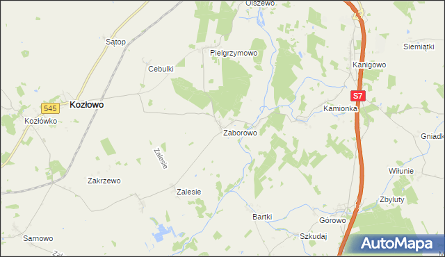 mapa Zaborowo gmina Kozłowo, Zaborowo gmina Kozłowo na mapie Targeo