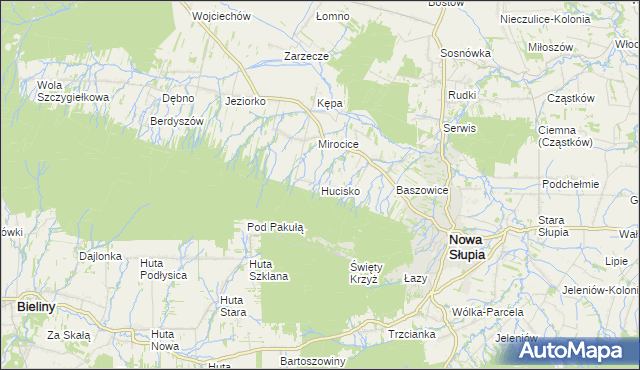 mapa Hucisko gmina Nowa Słupia, Hucisko gmina Nowa Słupia na mapie Targeo