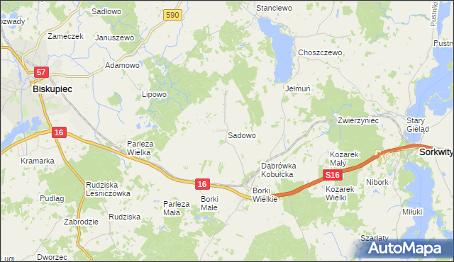 mapa Sadowo gmina Biskupiec, Sadowo gmina Biskupiec na mapie Targeo