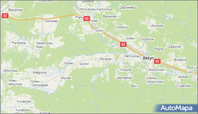 mapa Zbrojów gmina Bliżyn, Zbrojów gmina Bliżyn na mapie Targeo