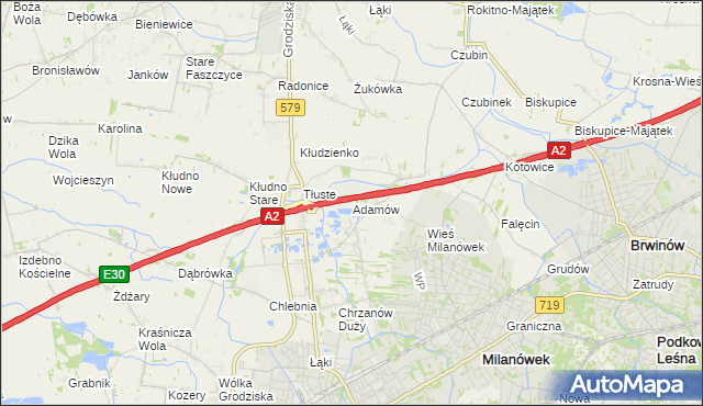 mapa Adamów gmina Grodzisk Mazowiecki, Adamów gmina Grodzisk Mazowiecki na mapie Targeo