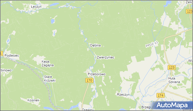 mapa Zwierzyniec gmina Krzyż Wielkopolski, Zwierzyniec gmina Krzyż Wielkopolski na mapie Targeo