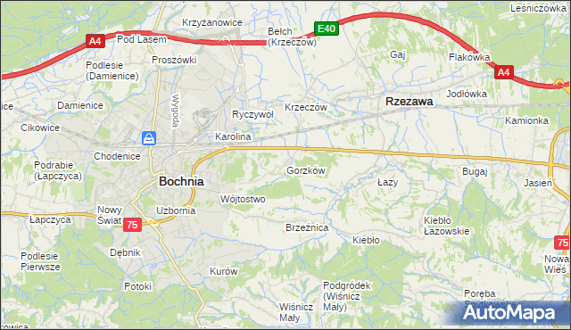 mapa Gorzków gmina Bochnia, Gorzków gmina Bochnia na mapie Targeo