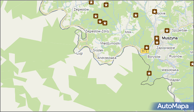 mapa Andrzejówka gmina Muszyna, Andrzejówka gmina Muszyna na mapie Targeo