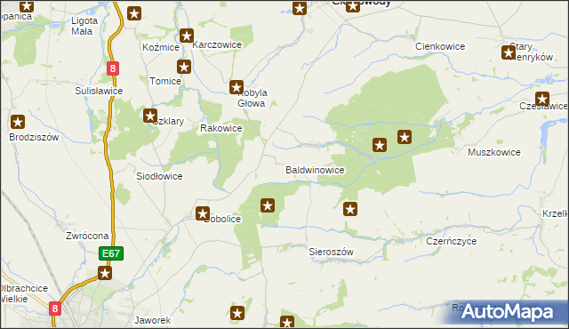 mapa Baldwinowice gmina Ciepłowody, Baldwinowice gmina Ciepłowody na mapie Targeo