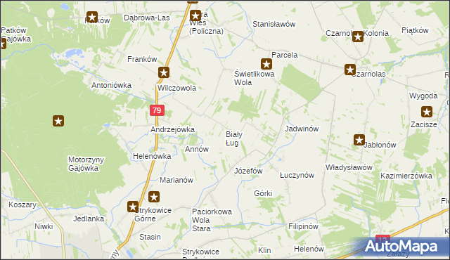 mapa Biały Ług gmina Policzna, Biały Ług gmina Policzna na mapie Targeo