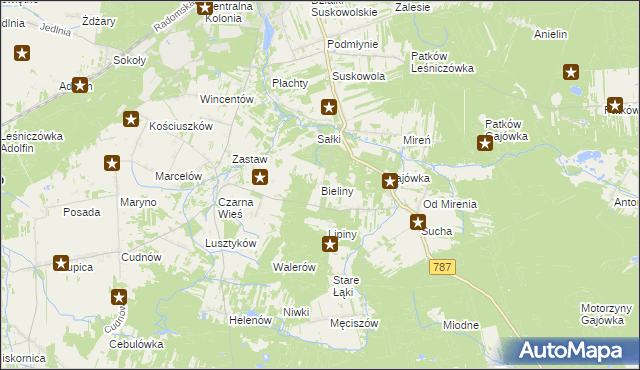 mapa Bieliny gmina Pionki, Bieliny gmina Pionki na mapie Targeo