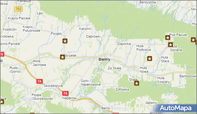 mapa Bieliny powiat kielecki, Bieliny powiat kielecki na mapie Targeo
