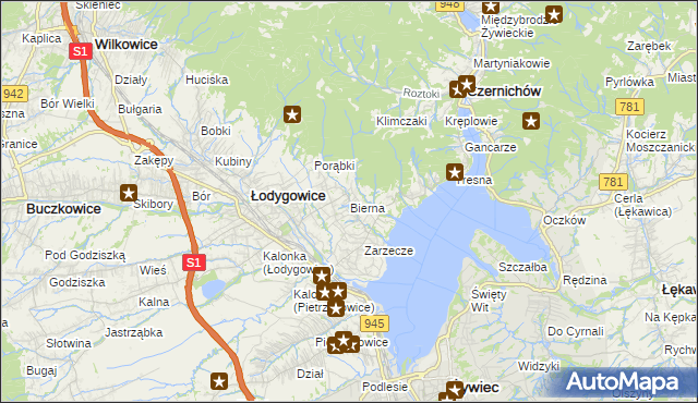 mapa Bierna gmina Łodygowice, Bierna gmina Łodygowice na mapie Targeo