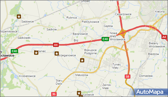 mapa Biskupice Podgórne, Biskupice Podgórne na mapie Targeo