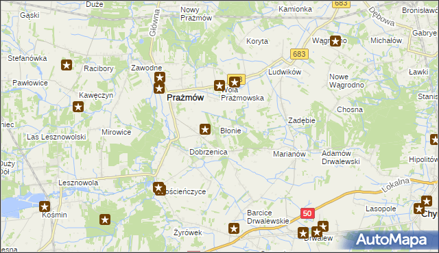 mapa Błonie gmina Prażmów, Błonie gmina Prażmów na mapie Targeo